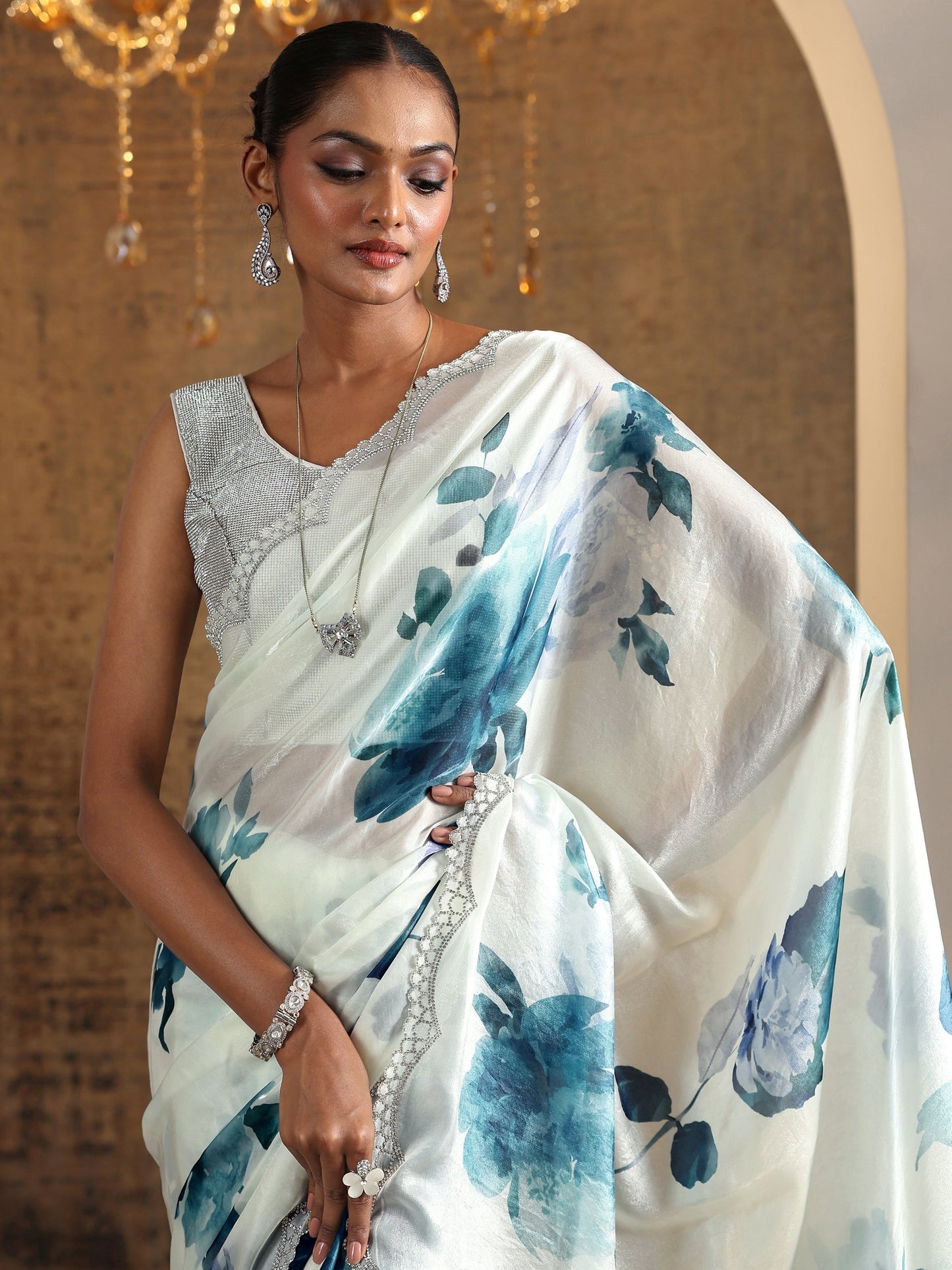 Blue Printed Satin Saree With Unstitched Blouse Piece