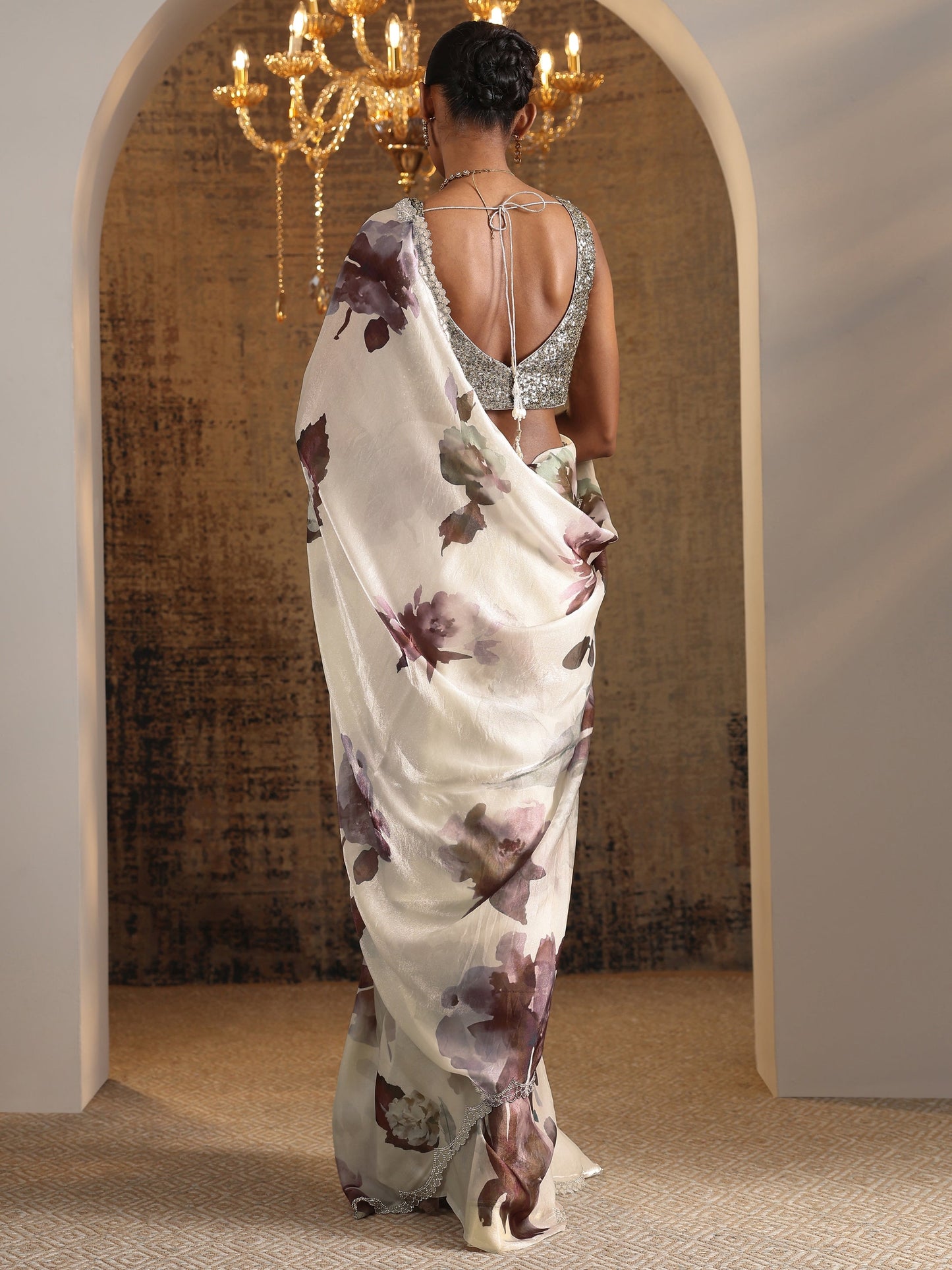 Brown Printed Satin Saree With Unstitched Blouse Piece