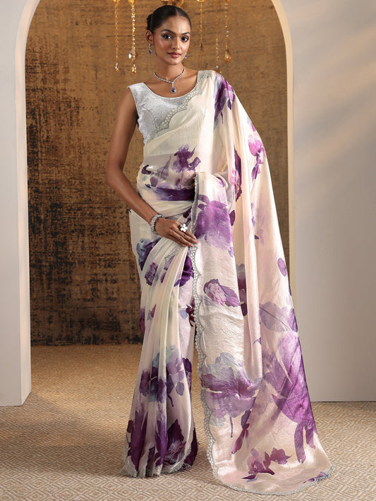 Purple Printed Satin Saree With Unstitched Blouse Piece