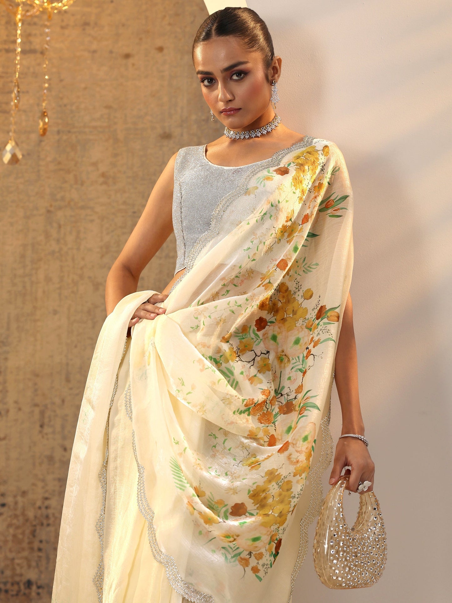 Yellow Printed Satin Saree With Unstitched Blouse Piece