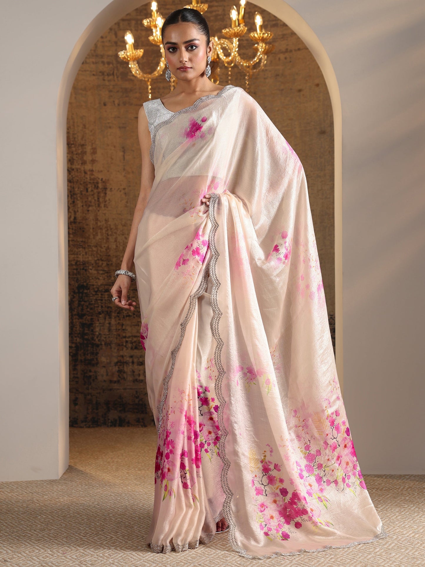 Pink Printed Satin Saree With Unstitched Blouse Piece