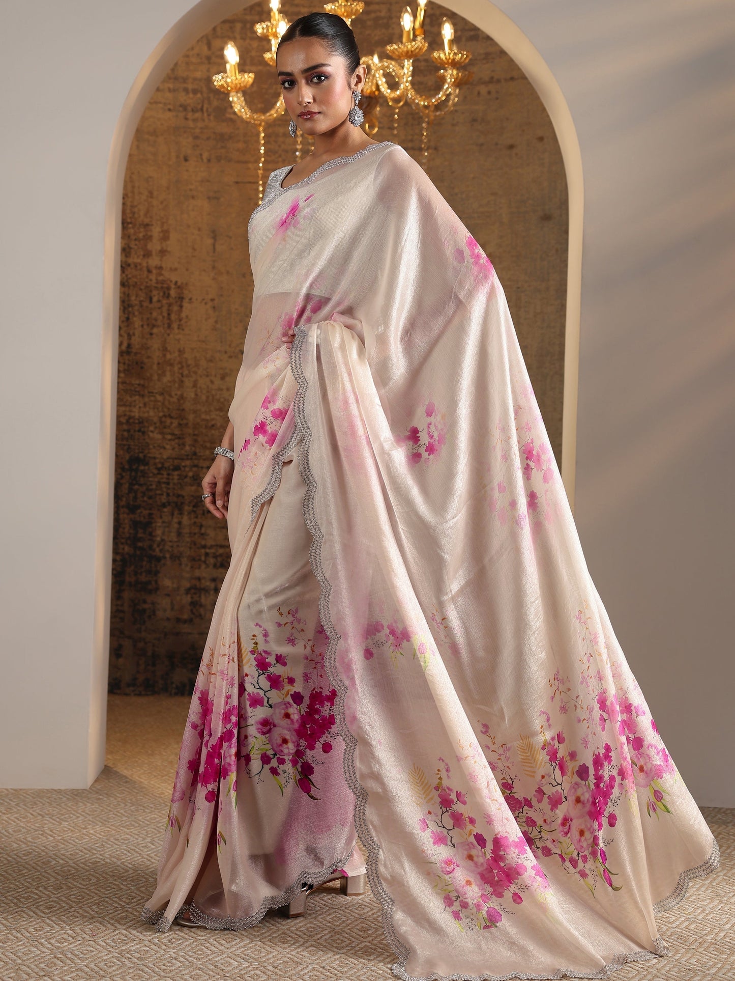 Pink Printed Satin Saree With Unstitched Blouse Piece