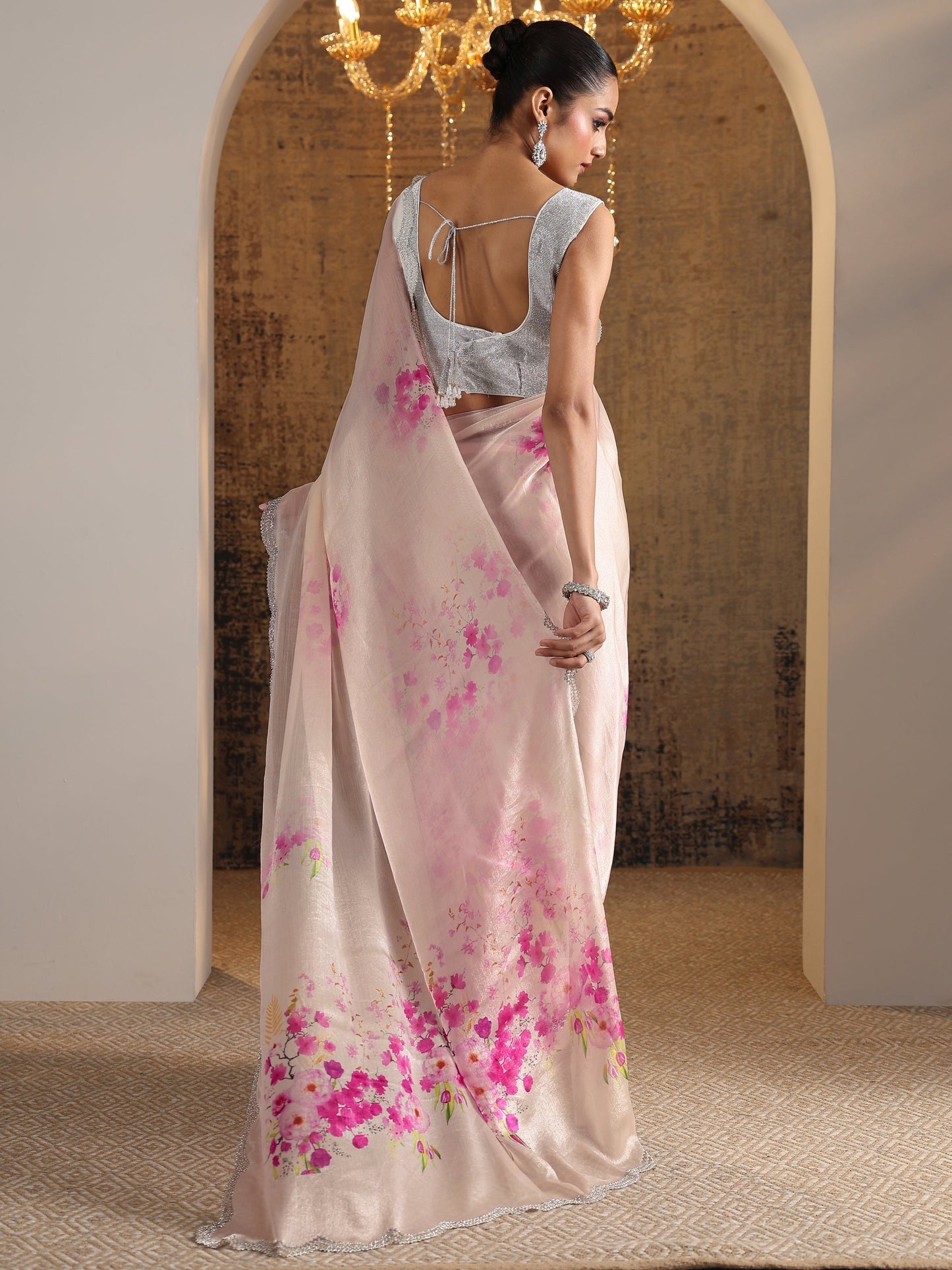 Pink Printed Satin Saree With Unstitched Blouse Piece