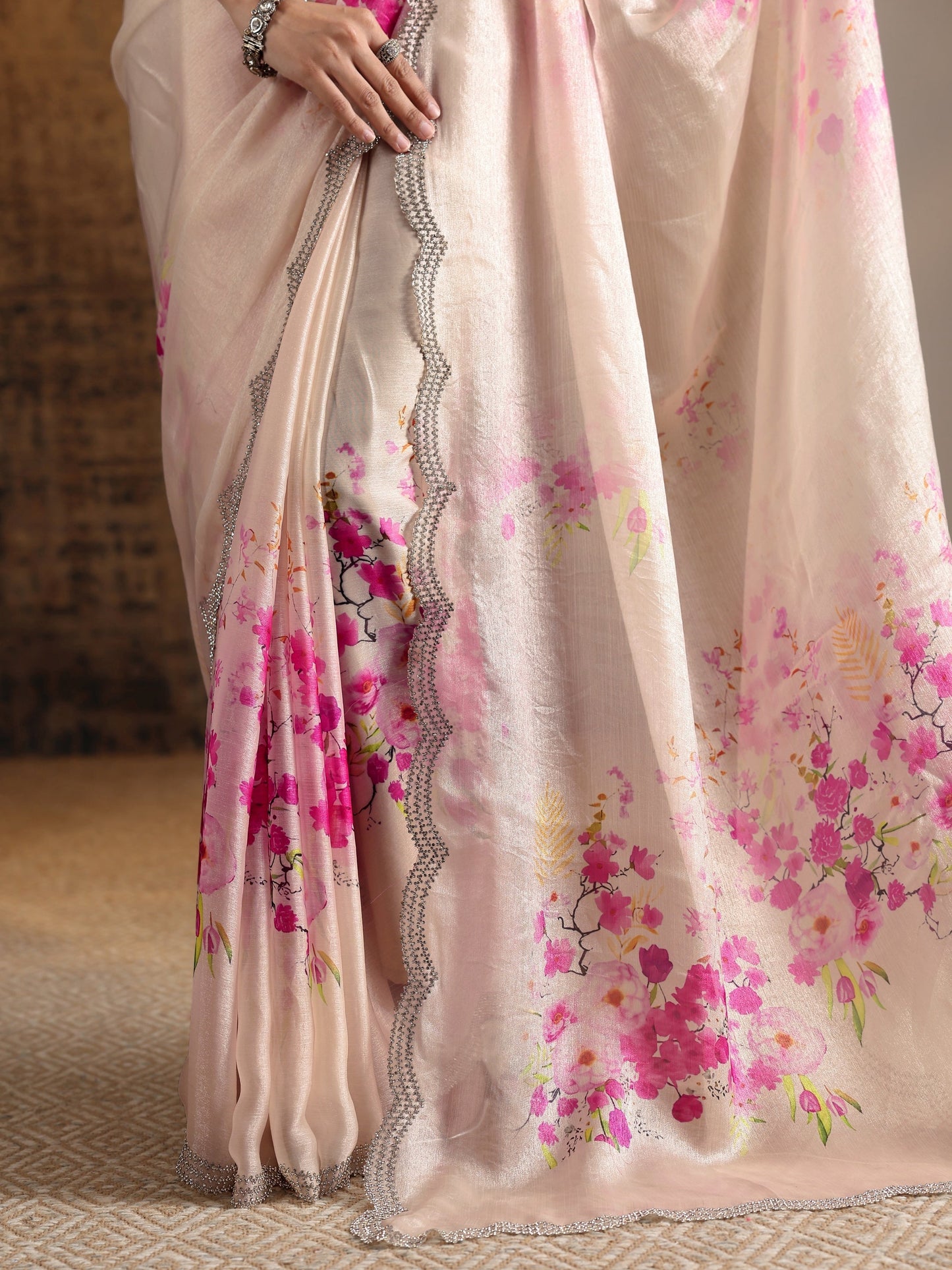 Pink Printed Satin Saree With Unstitched Blouse Piece
