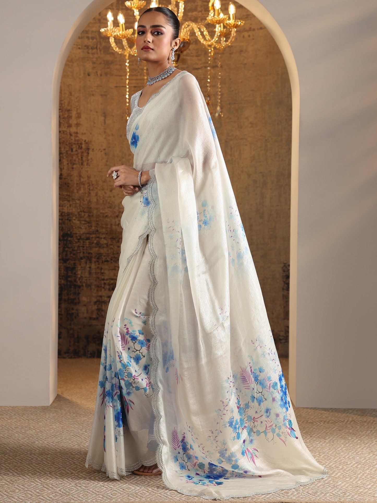 Blue Printed Satin Saree With Unstitched Blouse Piece
