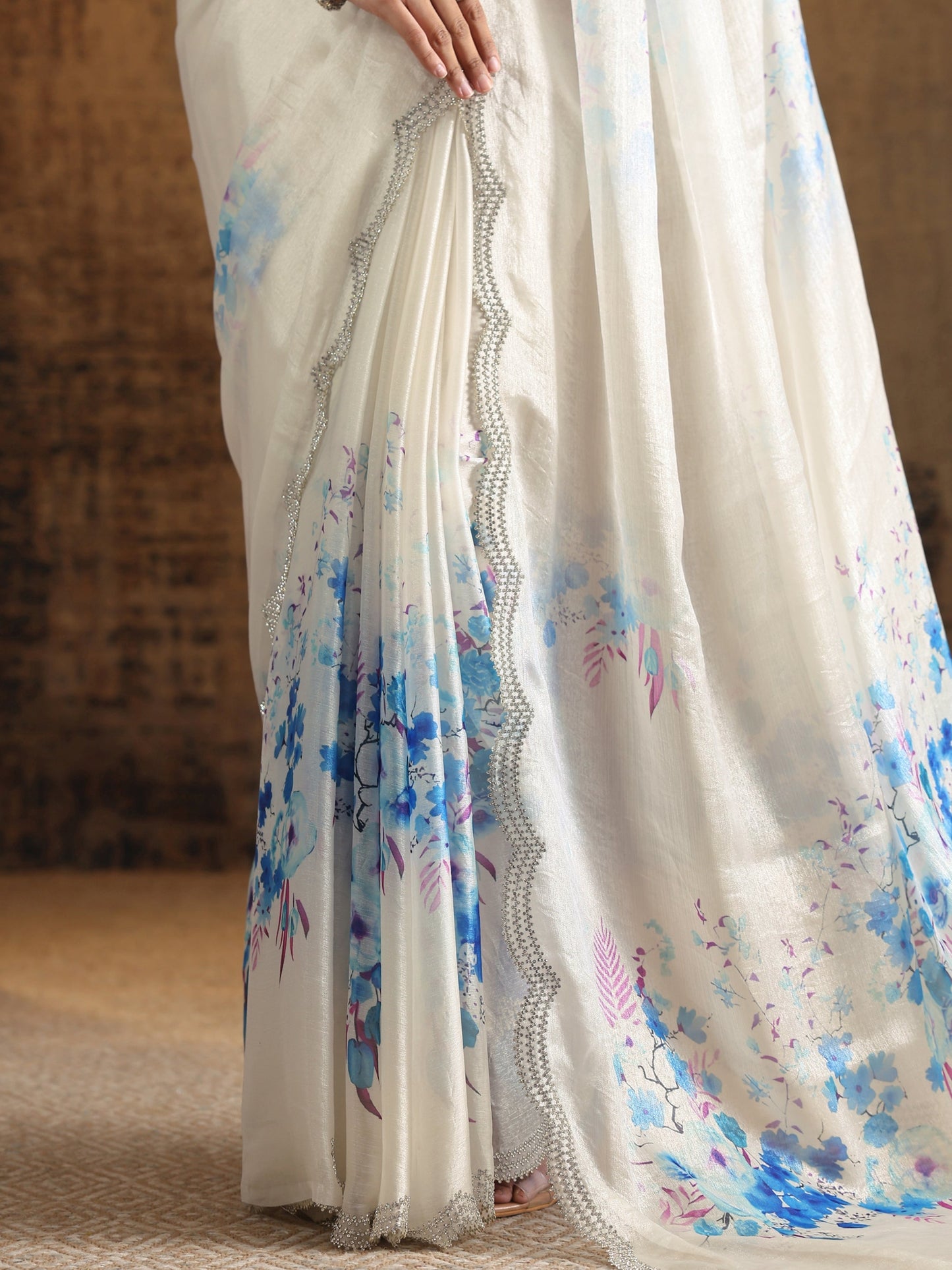 Blue Printed Satin Saree With Unstitched Blouse Piece