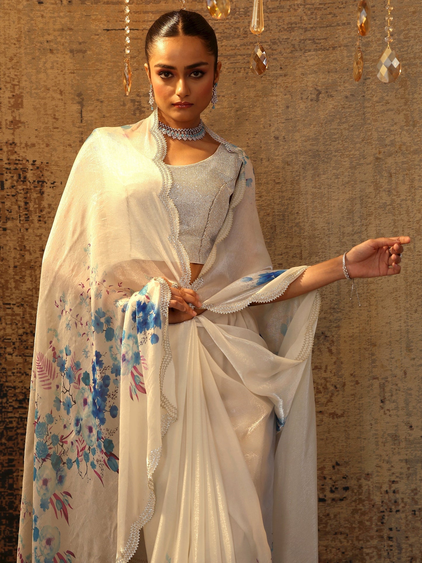 Blue Printed Satin Saree With Unstitched Blouse Piece