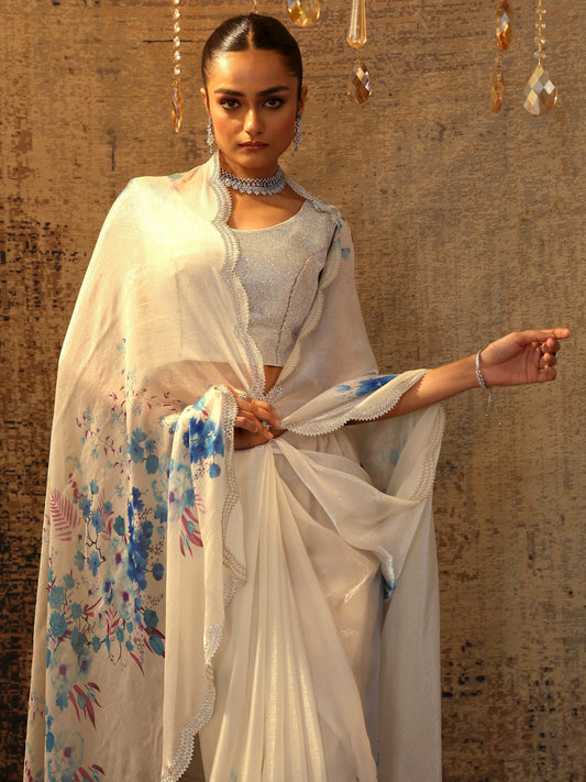 Blue Printed Satin Saree With Unstitched Blouse Piece