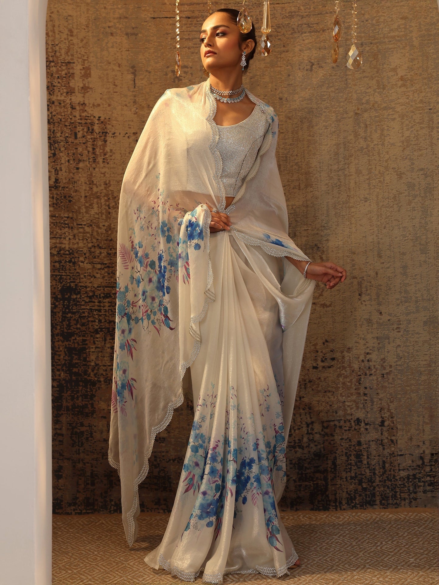 Blue Printed Satin Saree With Unstitched Blouse Piece