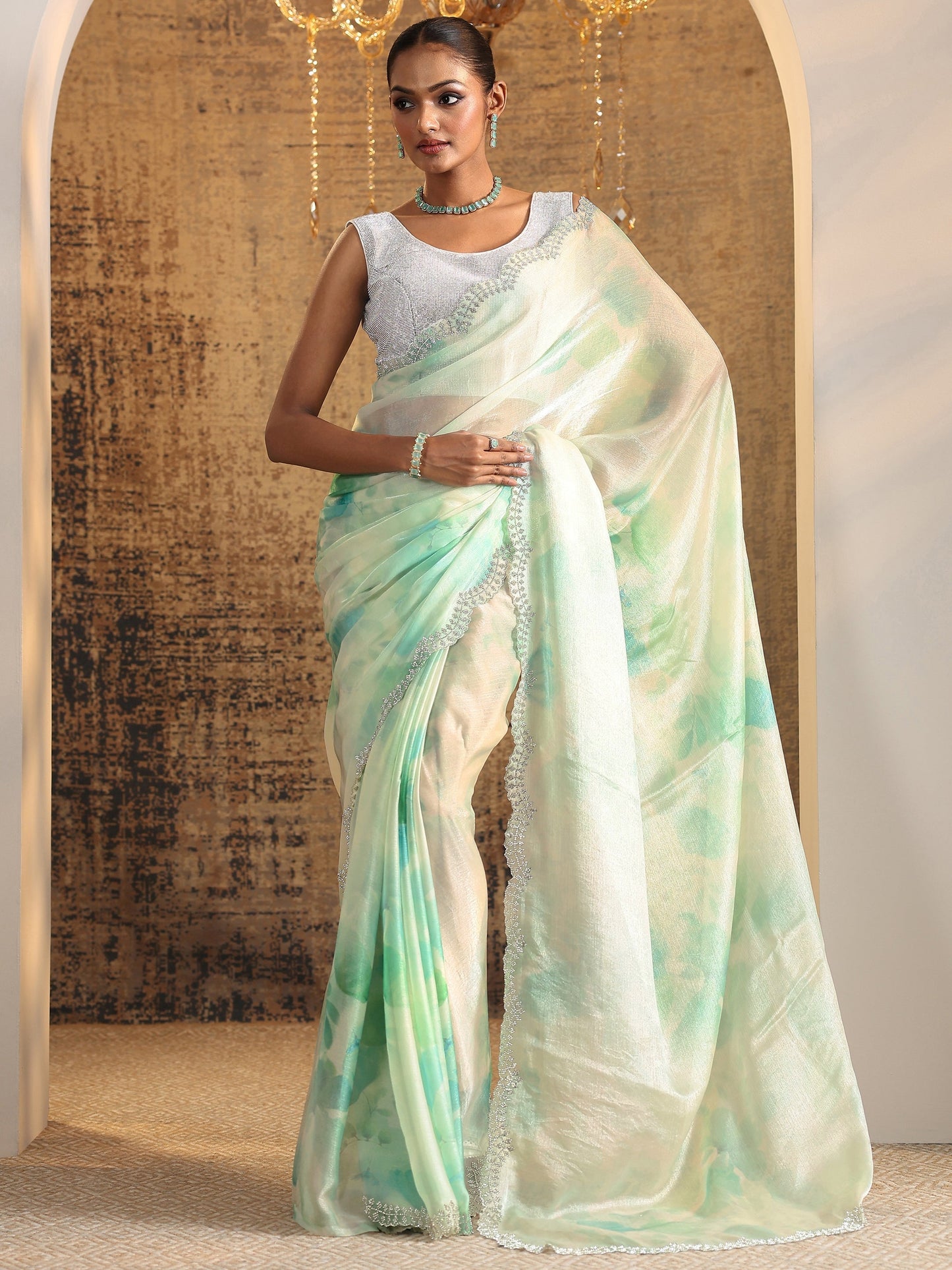 Green Printed Satin Saree With Unstitched Blouse Piece