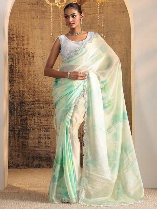 Green Printed Satin Saree With Unstitched Blouse Piece