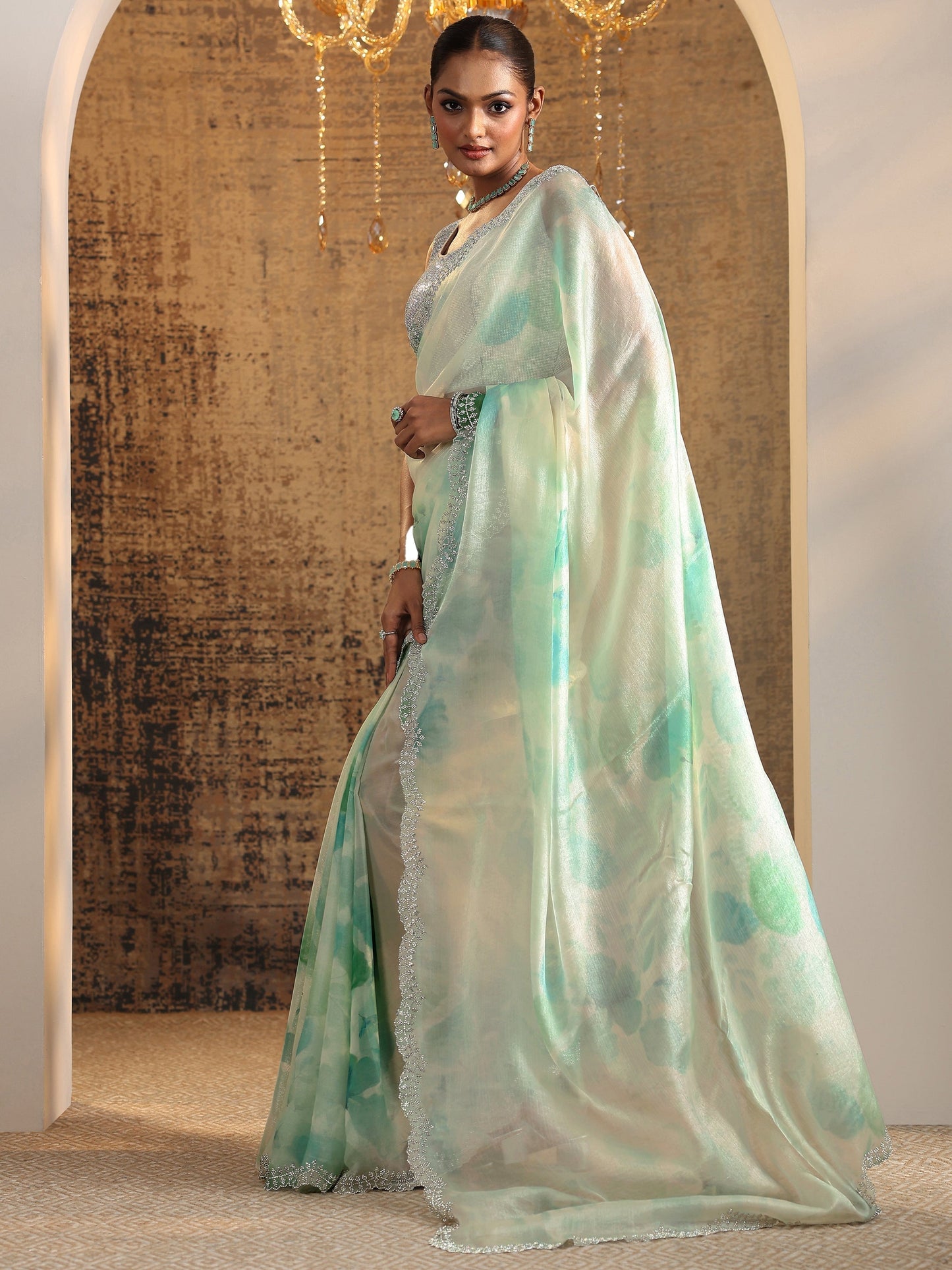 Green Printed Satin Saree With Unstitched Blouse Piece