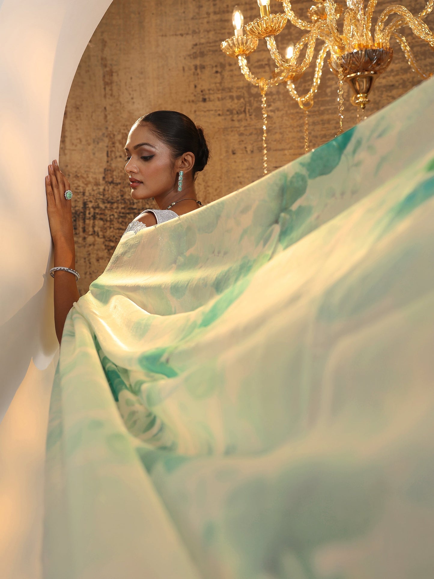 Green Printed Satin Saree With Unstitched Blouse Piece