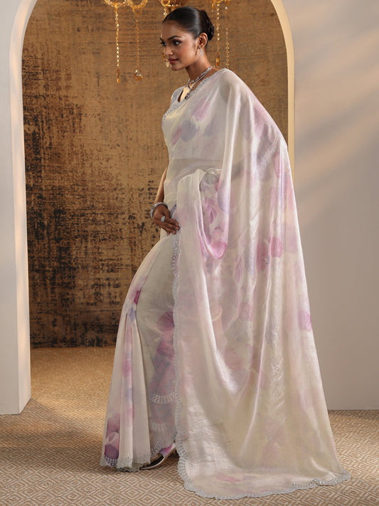Lavender Printed Satin Saree With Unstitched Blouse Piece