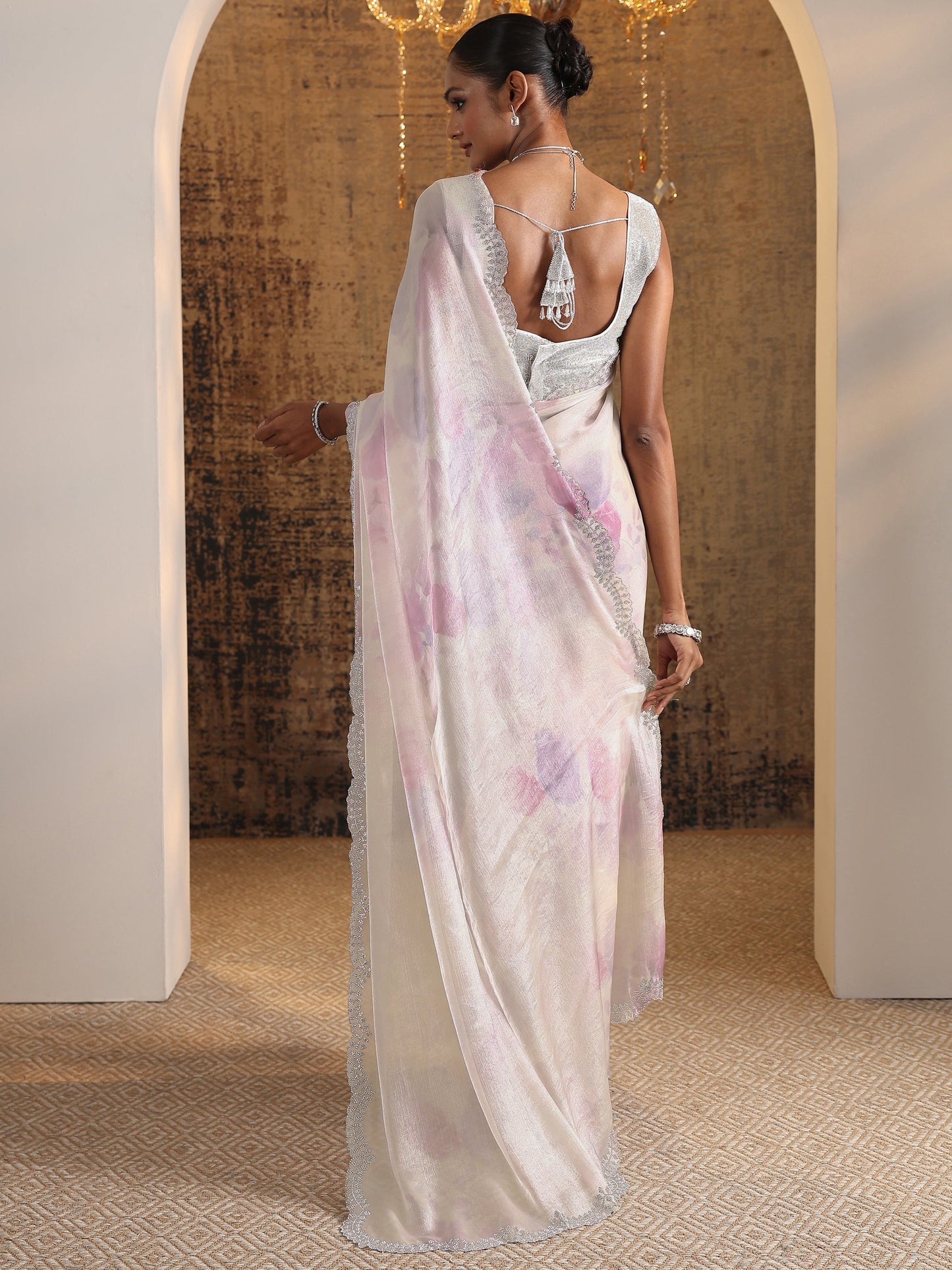 Lavender Printed Satin Saree With Unstitched Blouse Piece