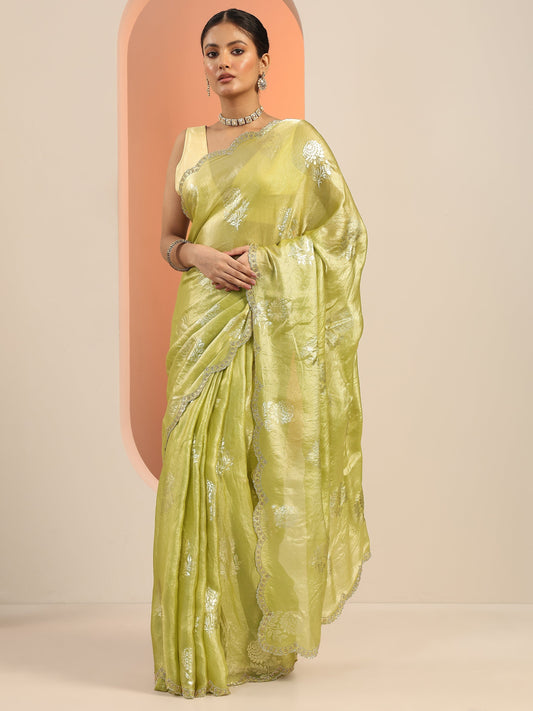 Green Printed Satin Saree With Unstitched Blouse Piece