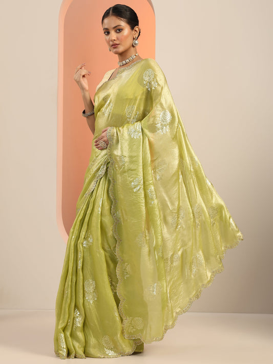 Green Printed Satin Saree With Unstitched Blouse Piece
