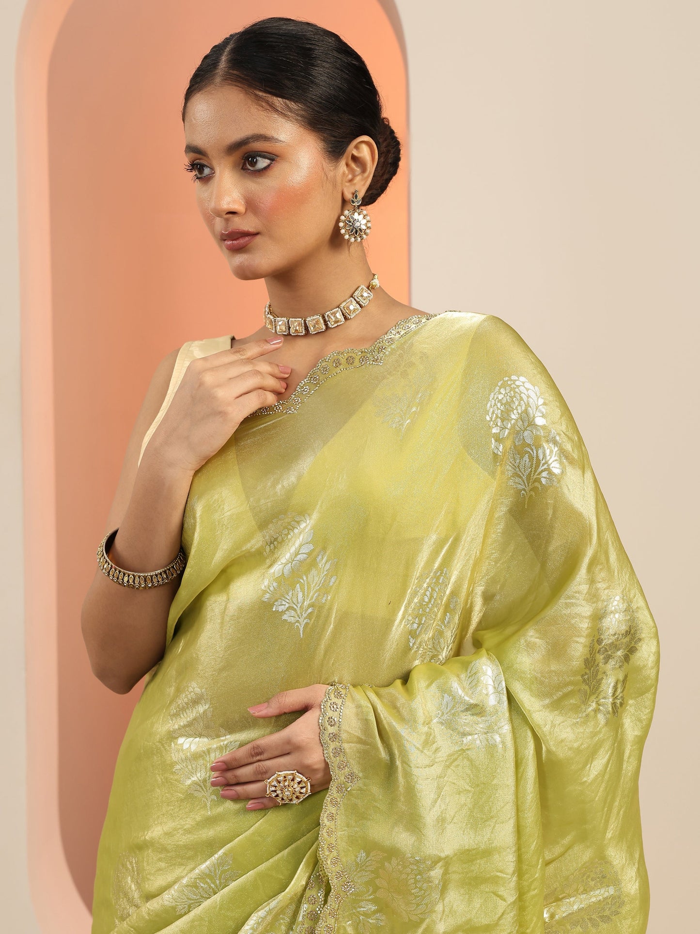 Green Printed Satin Saree With Unstitched Blouse Piece