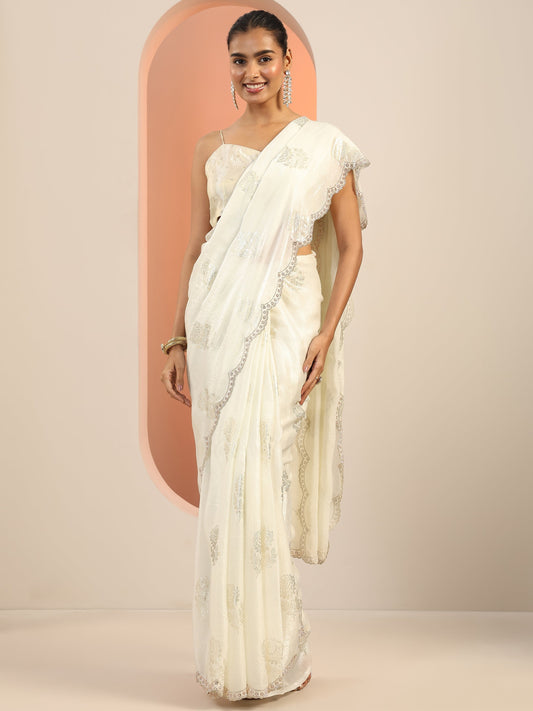 Off White Printed Satin Saree With Unstitched Blouse Piece