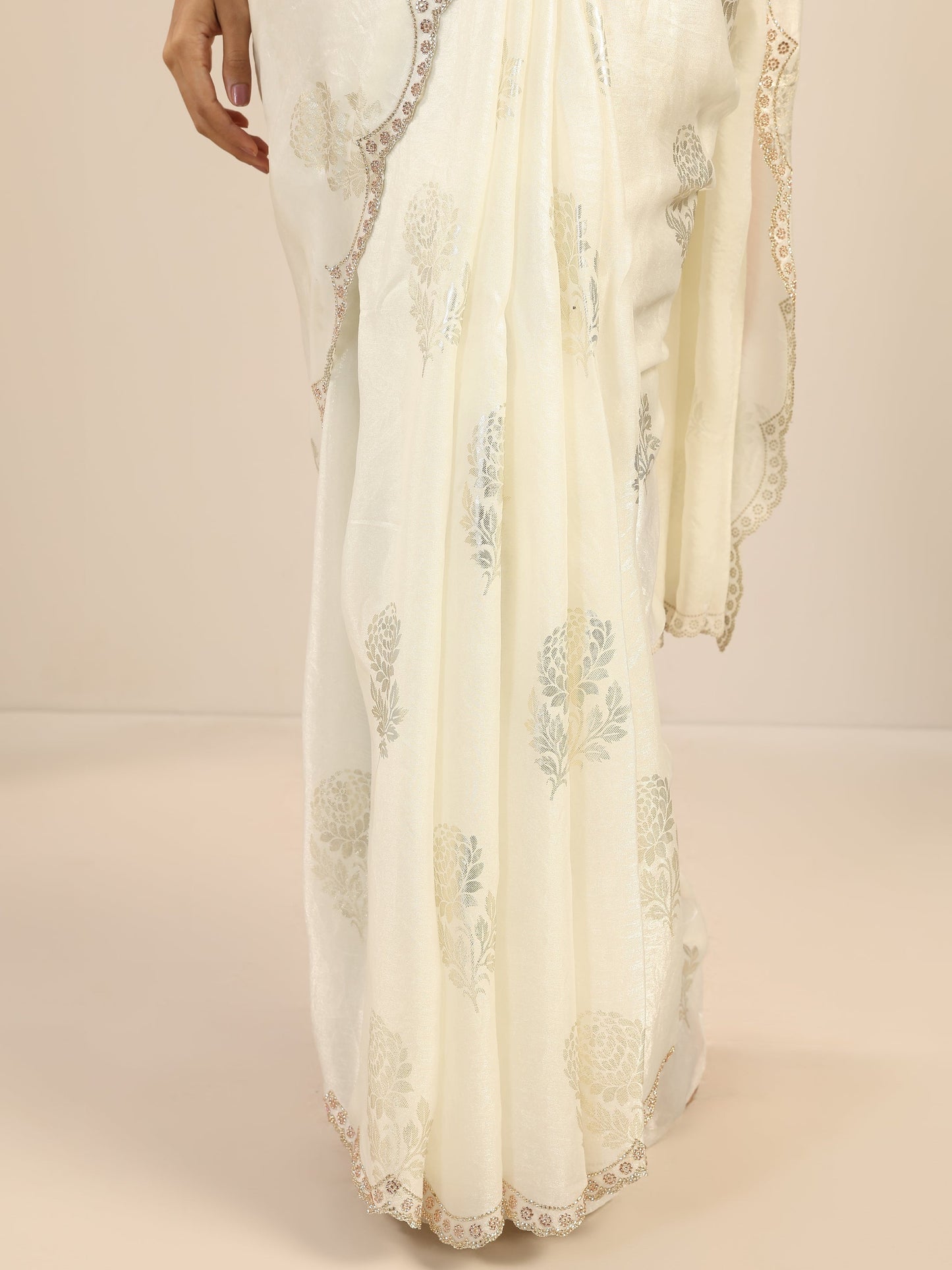 Off White Printed Satin Saree With Unstitched Blouse Piece