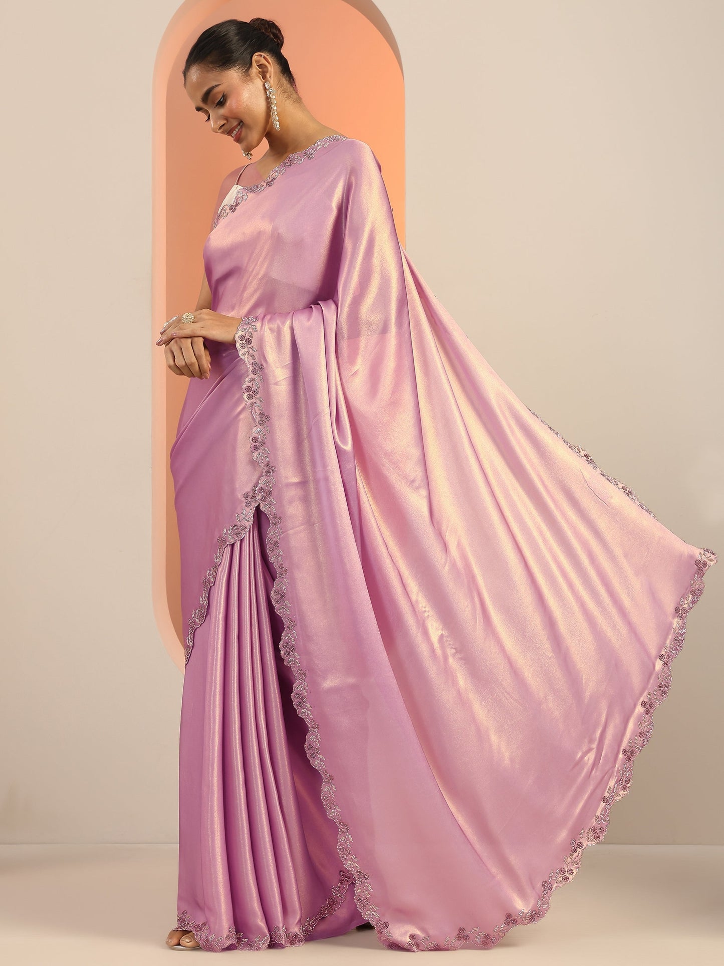 Lavender Solid Jimmy Choo Satin Saree With Unstitched Blouse Piece