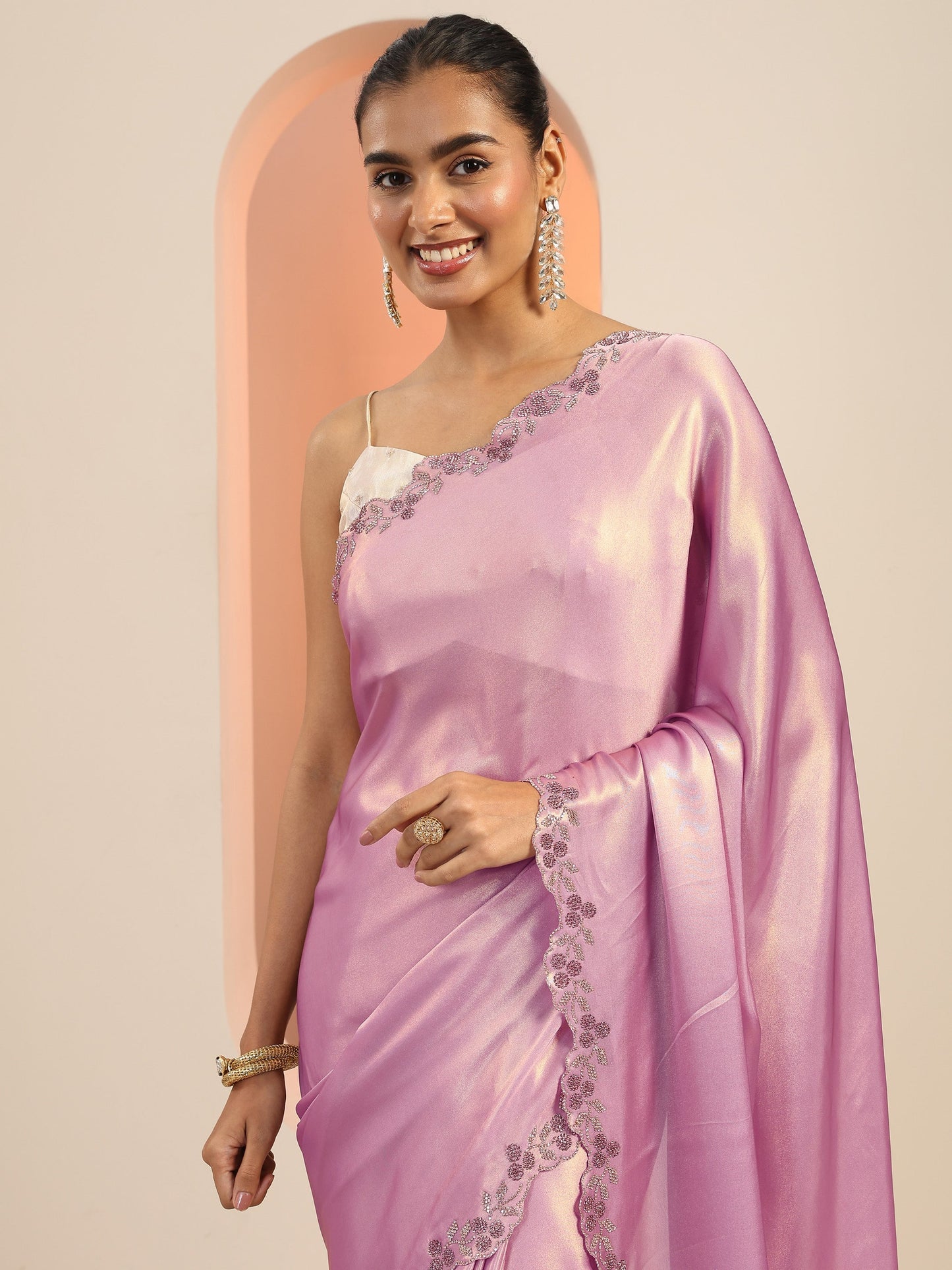 Lavender Solid Jimmy Choo Satin Saree With Unstitched Blouse Piece