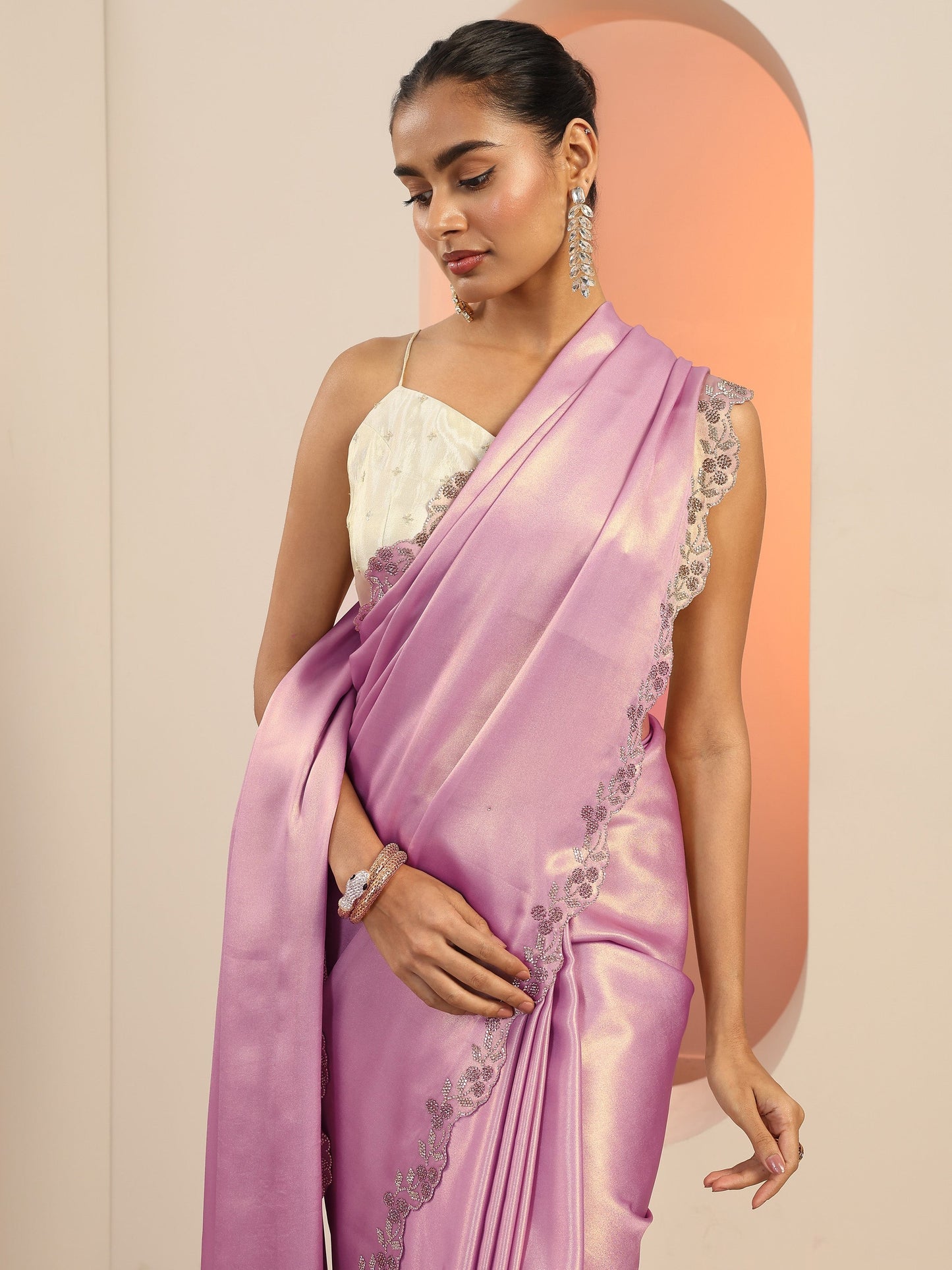 Lavender Solid Jimmy Choo Satin Saree With Unstitched Blouse Piece