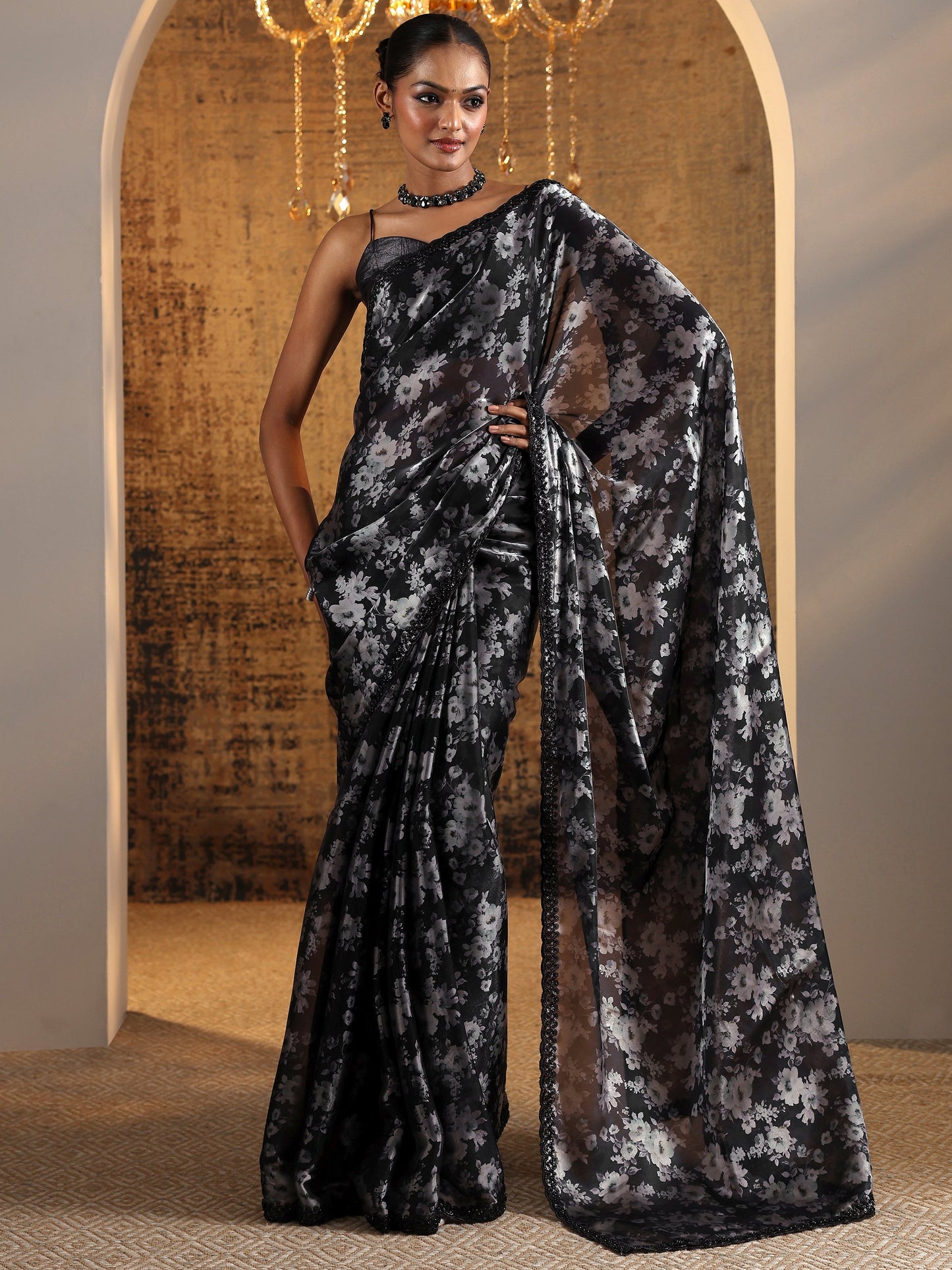 Black Printed Satin Saree With Unstitched Blouse Piece