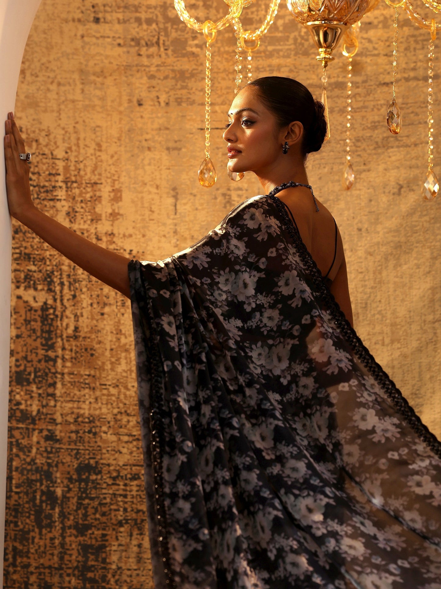 Black Printed Satin Saree With Unstitched Blouse Piece