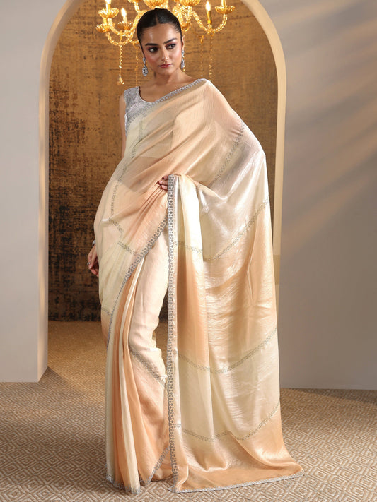 Peach Embellished Satin Saree With Unstitched Blouse Piece