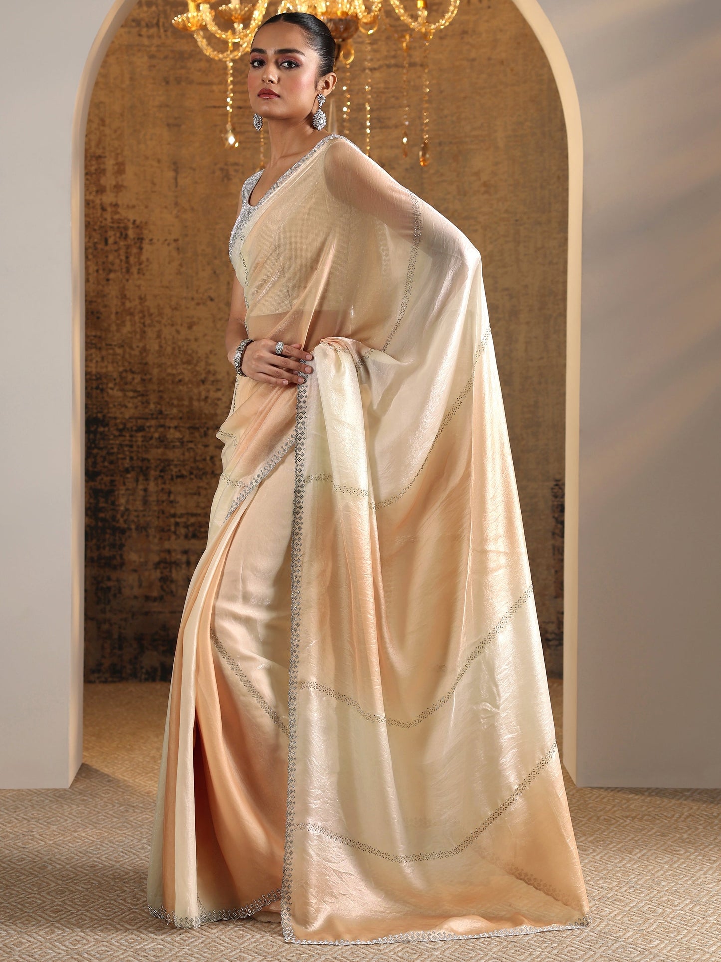 Peach Embellished Satin Saree With Unstitched Blouse Piece