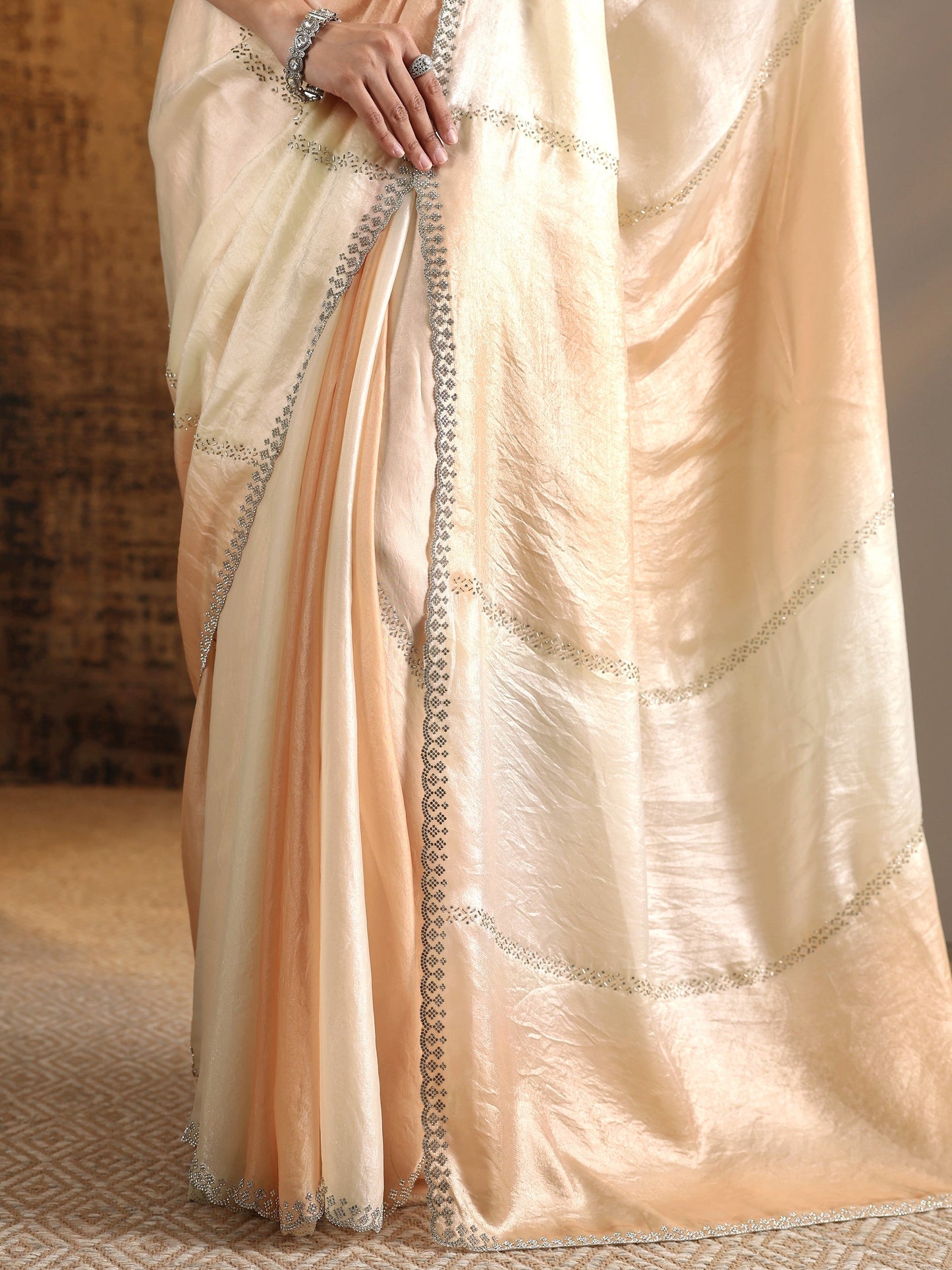 Peach Embellished Satin Saree With Unstitched Blouse Piece