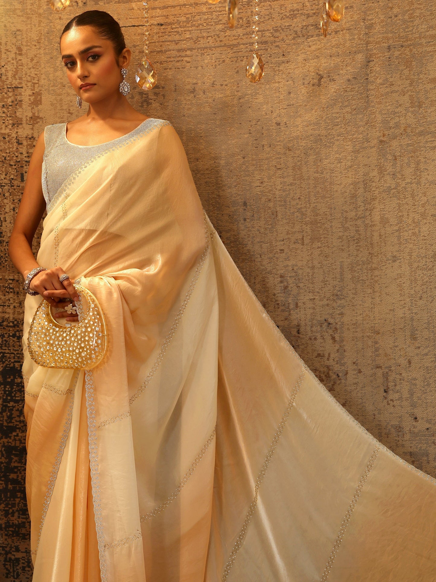 Peach Embellished Satin Saree With Unstitched Blouse Piece
