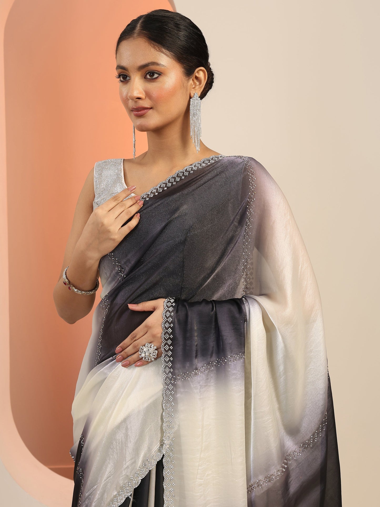 Grey Embellishments Satin Saree With Unstitched Blouse Piece