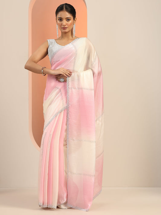 Pink Embellishments Satin Saree With Unstitched Blouse Piece
