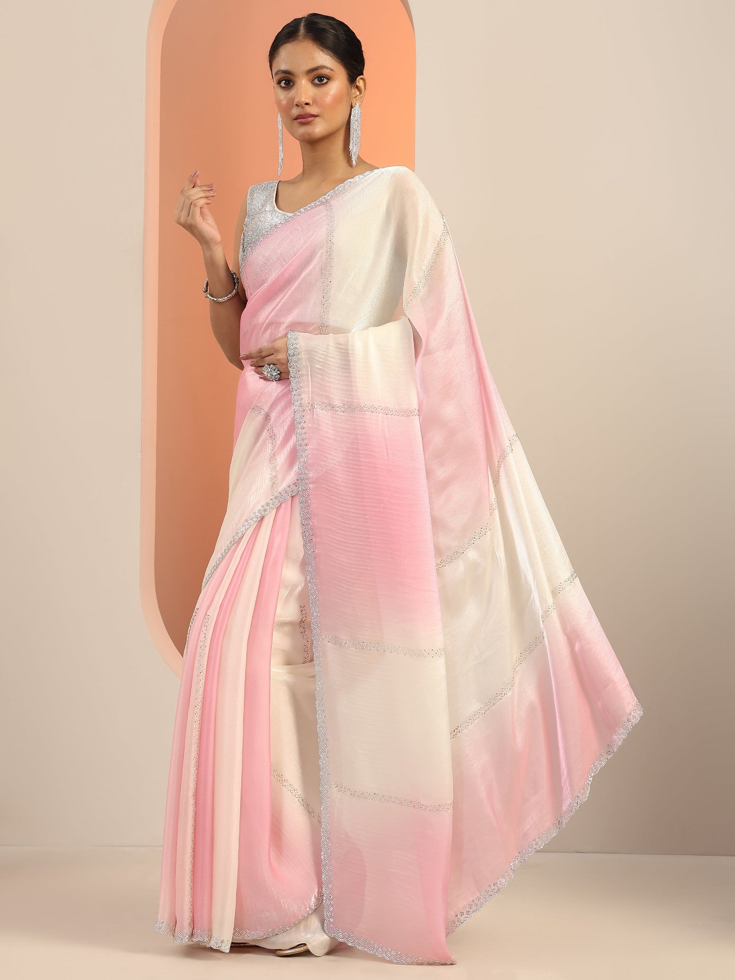 Pink Embellishments Satin Saree With Unstitched Blouse Piece