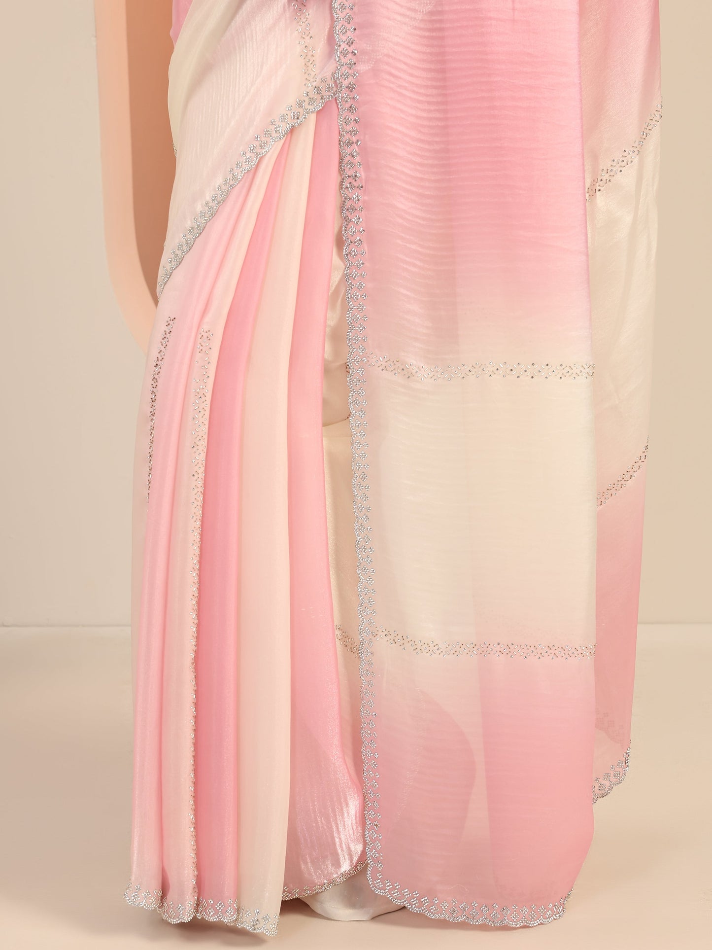 Pink Embellishments Satin Saree With Unstitched Blouse Piece