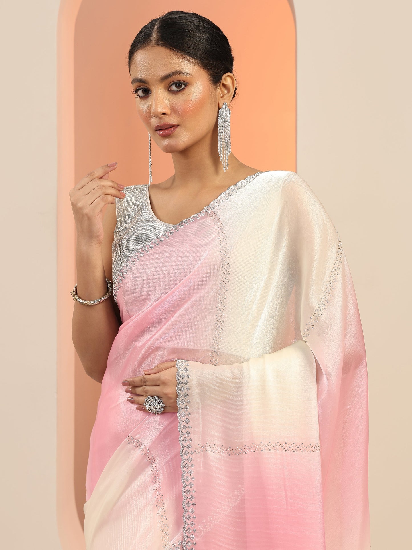 Pink Embellishments Satin Saree With Unstitched Blouse Piece