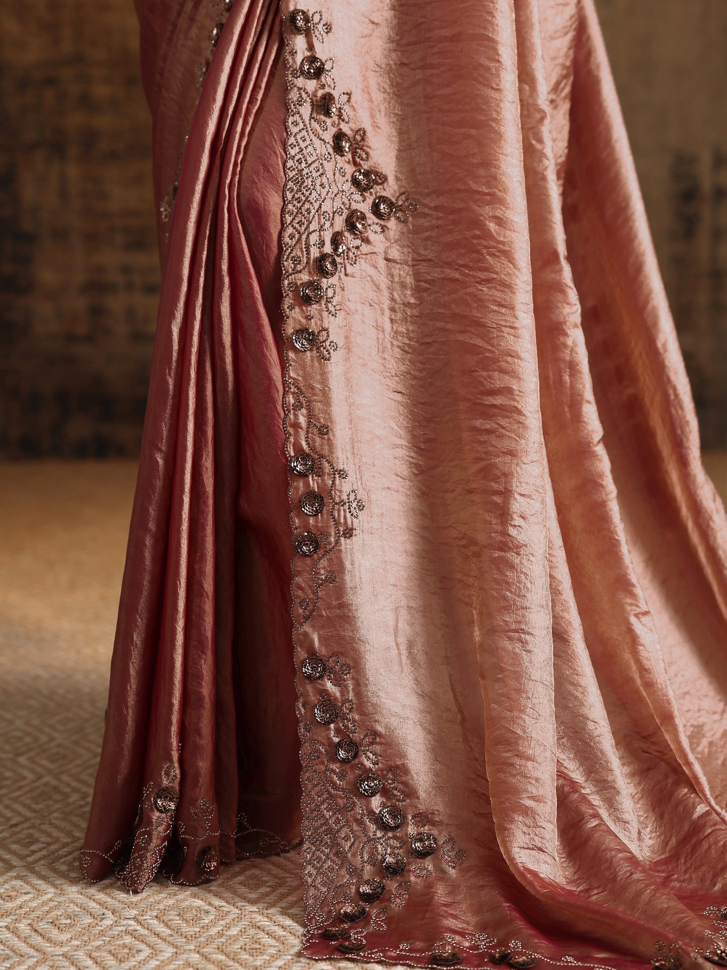 Pink Solid Satin Saree With Unstitched Blouse Piece