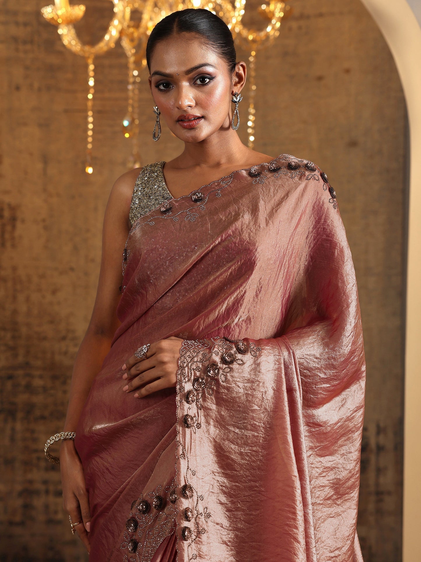 Pink Solid Satin Saree With Unstitched Blouse Piece