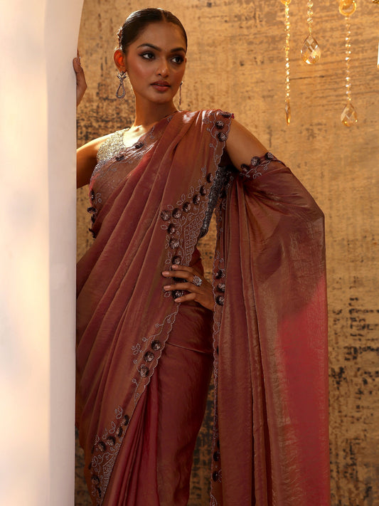Pink Solid Satin Saree With Unstitched Blouse Piece