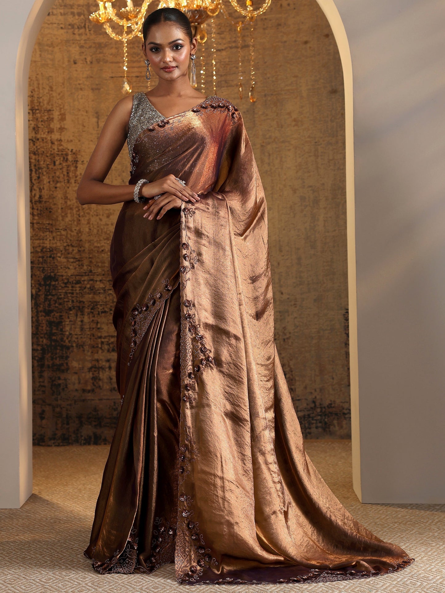 Copper Solid Satin Saree With Unstitched Blouse Piece