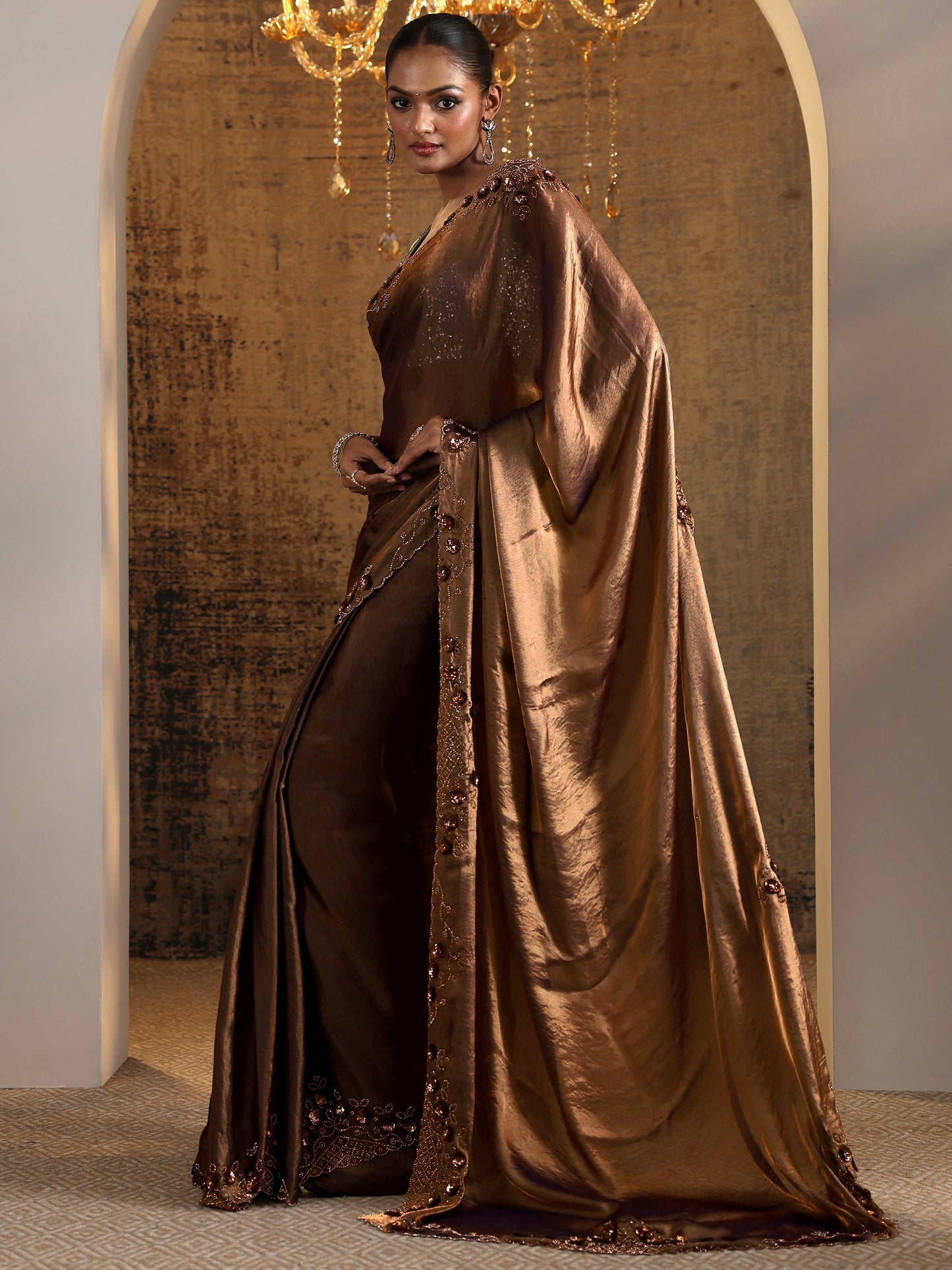 Copper Solid Satin Saree With Unstitched Blouse Piece