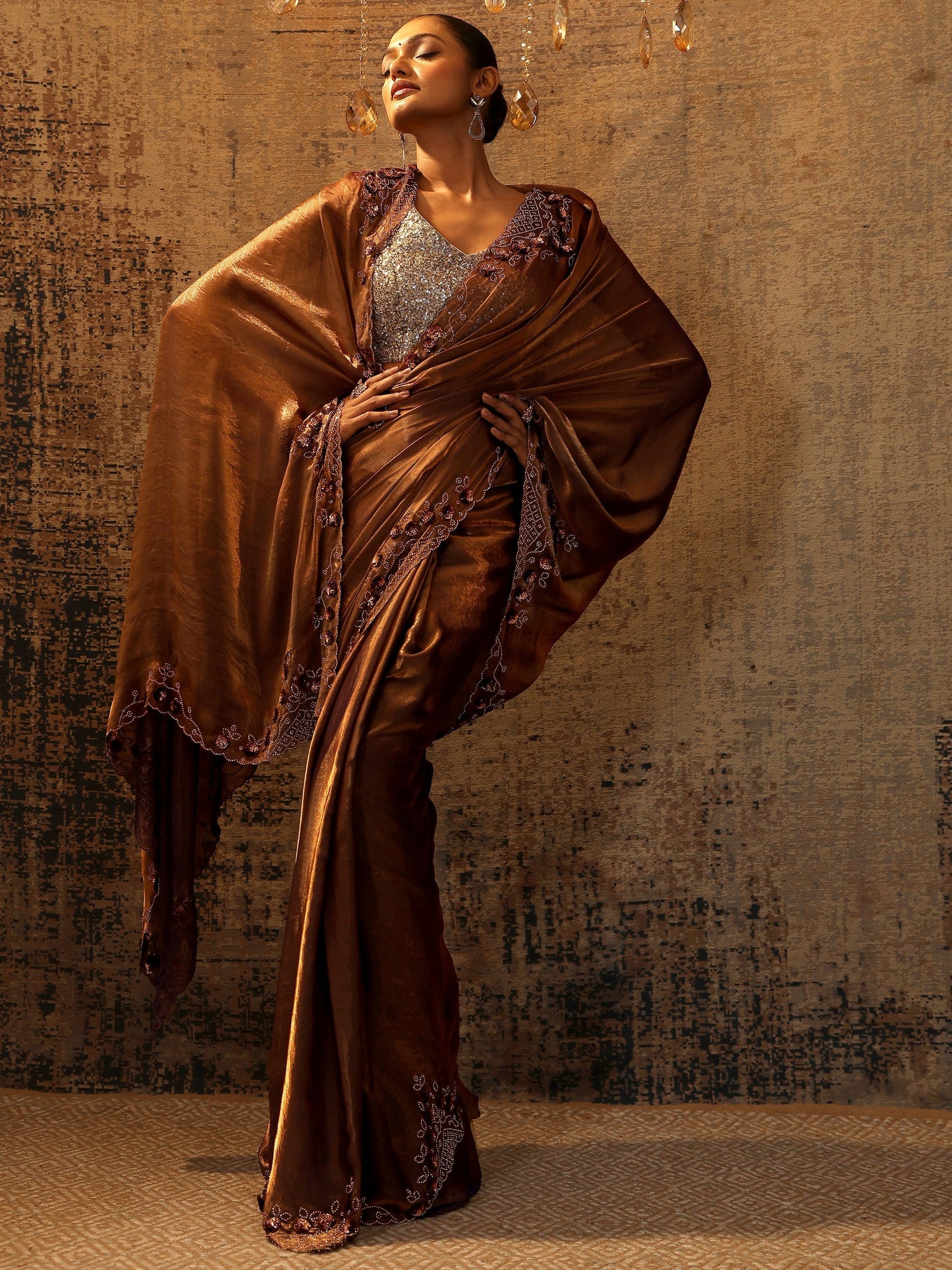 Copper Solid Satin Saree With Unstitched Blouse Piece