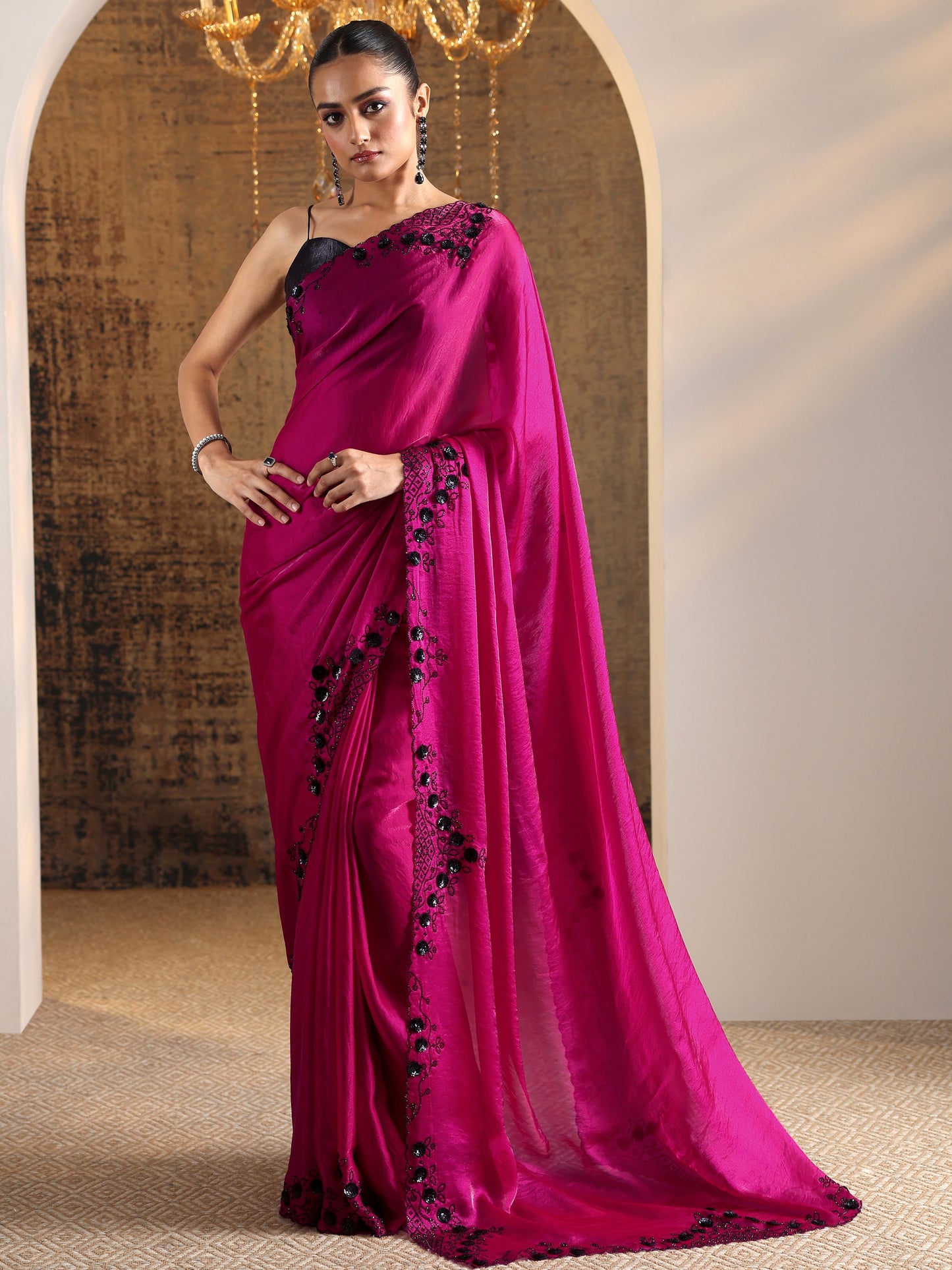 Magenta Embellished Satin Sarees With Unstitched Blouse Piece