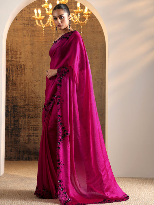Magenta Embellished Satin Sarees With Unstitched Blouse Piece