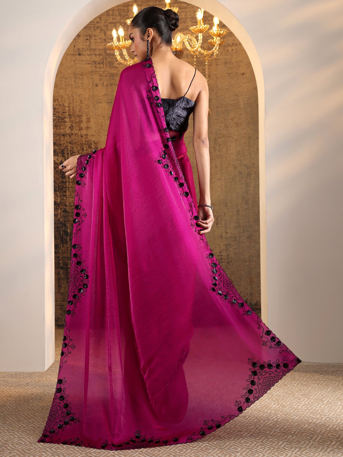 Magenta Embellished Satin Sarees With Unstitched Blouse Piece