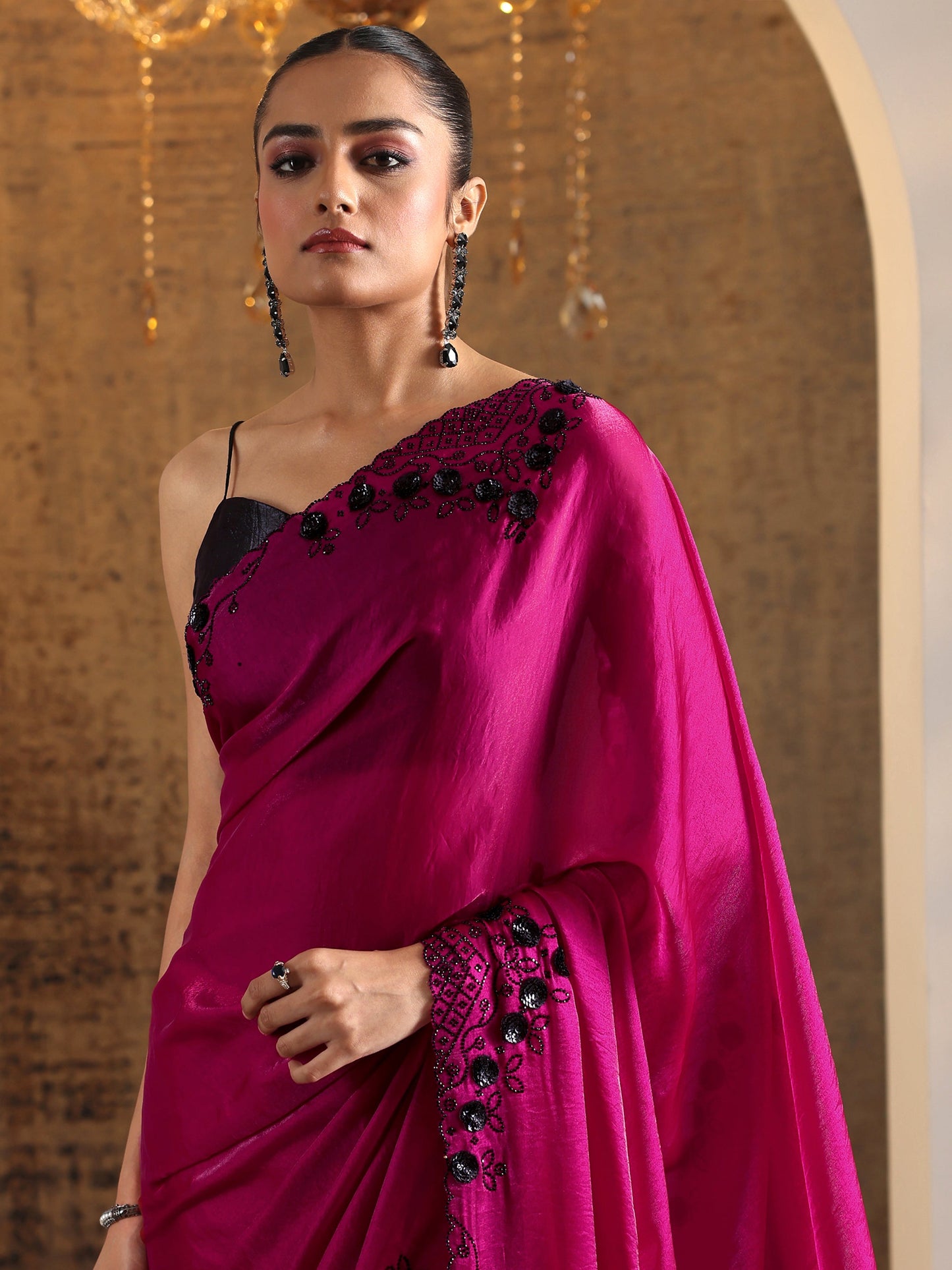 Magenta Embellished Satin Sarees With Unstitched Blouse Piece
