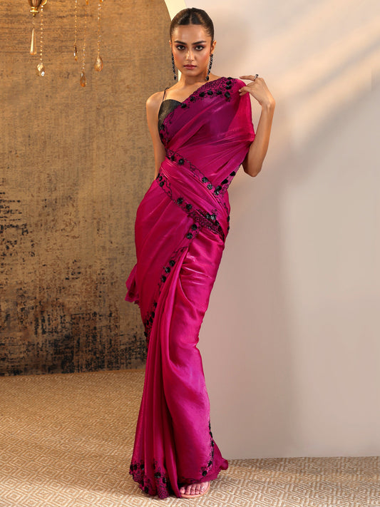 Magenta Embellished Satin Sarees With Unstitched Blouse Piece