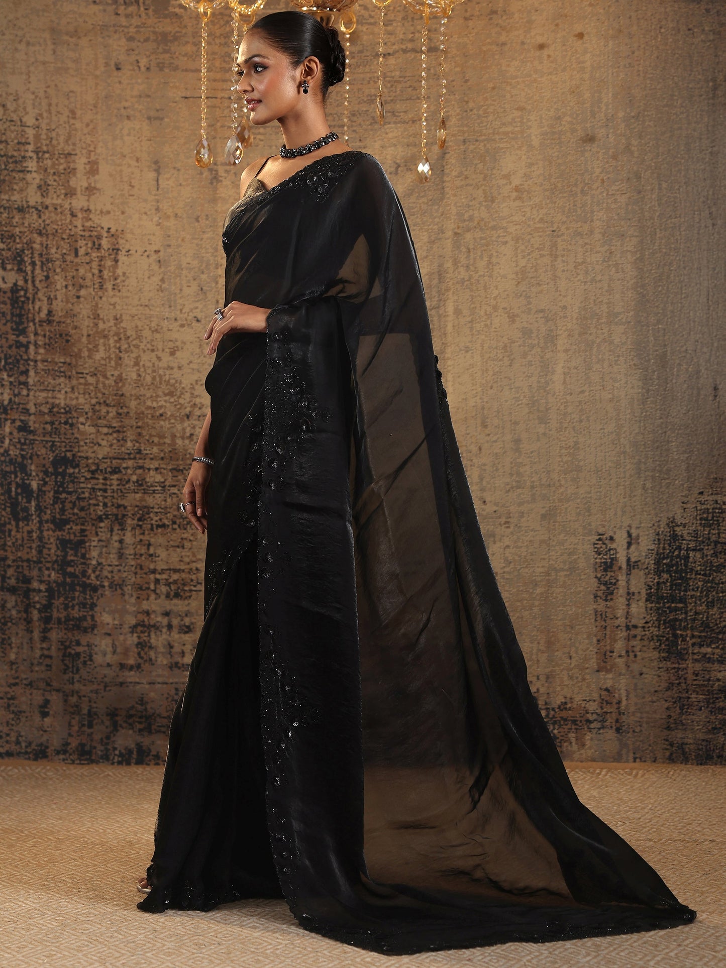 Black Solid Satin Saree With Unstitched Blouse Piece